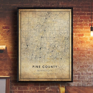 Impression de carte du comté de Pine | Carte du comté de Pine | Art de la carte du Minnesota | Affiche de la carte routière du comté de Pine | carte cadeau vintage