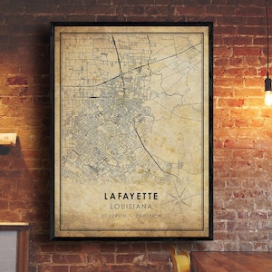 Lafayette vintage Carte Imprimer | Carte de Lafayette | Lafayette Louisiane Carte Art | Affiche de carte routière de la ville de Louisiane | carte cadeau vintage