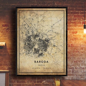 Baroda Vintage Map Print | Baroda Map | India Map Art | Baroda City Road Map Poster | Vintage Gift Map