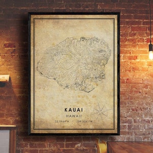 Impression de carte de l’île de Kauai à Hawaï | Carte de l'île de Kauai à Hawaï | Art de la carte d’Hawaï | Affiche de la carte routière de la ville de Kauai | carte cadeau vintage