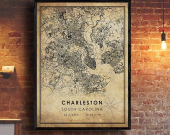 Charleston Vintage Map Print | Charleston Map | South Carolina Map Art | Charleston City Road Map Poster | Vintage