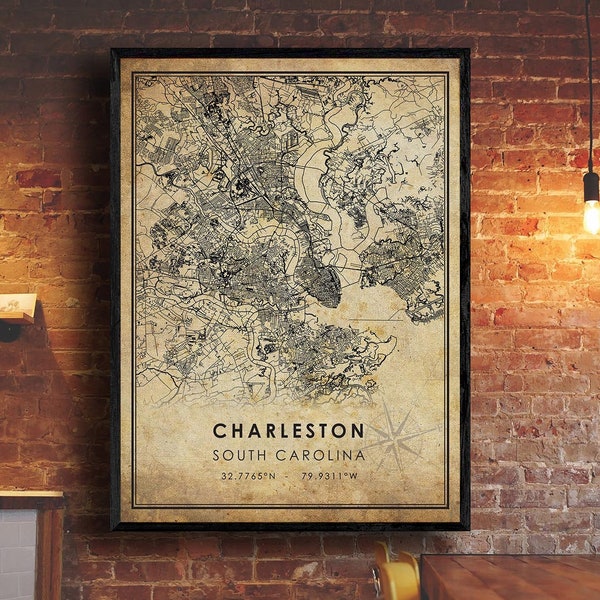 Charleston Vintage Map Print | Charleston Map | South Carolina Map Art | Charleston City Road Map Poster | Vintage
