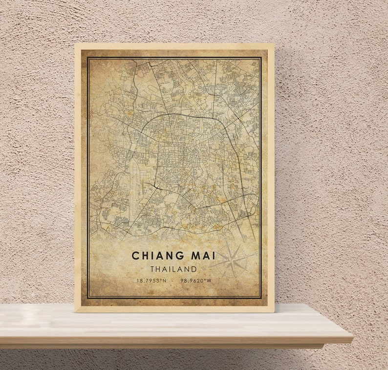 Chiang Mai Vintage Map Print Thailand Map Art Vintage Gift Chiang Mai City Road Map Poster Chiang Mai Map