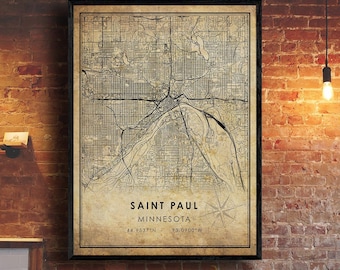 May include: A vintage-style map print of Saint Paul, Minnesota. The map is in black and white with a beige background. The city name and coordinates are printed at the bottom of the map.  "SAINT PAUL, MINNESOTA, 44.9537°N, 93.0900°W"