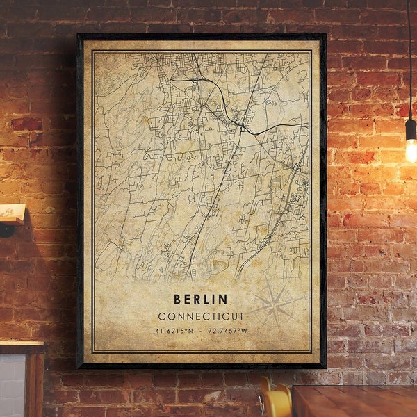 Berlin Vintage Map Print | Connecticut Map | Berlin Connecticut Map Art | Berlin City Road Map Poster | Vintage Gift Map