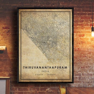 Thiruvananthapuram Vintage Map Print | Thiruvananthapuram Map | India Map Art | Thiruvananthapuram City Road Map Poster | Vintage