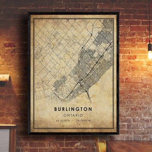 Burlington Vintage Map Print | Burlington Map | Burlington Ontario City Road Map Poster Canvas