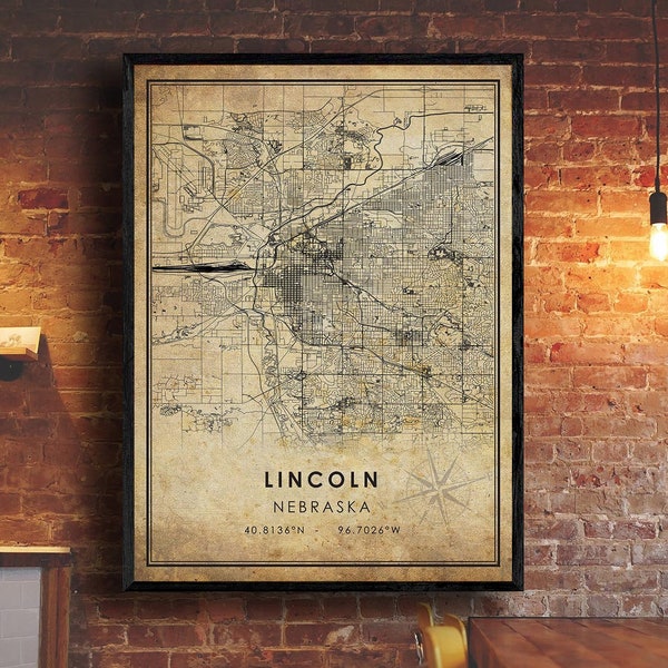 Lincoln Vintage Map Print | Lincoln Map | Nebraska Map Art | Lincoln City Road Map Poster | Vintage Gift Map