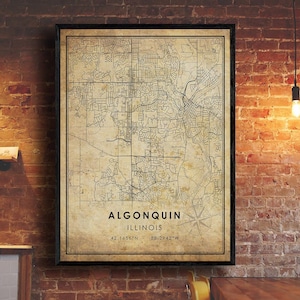 Algonquin Vintage Map Print | Algonquin Map | Algonquin Illinois City Road Map Poster Canvas