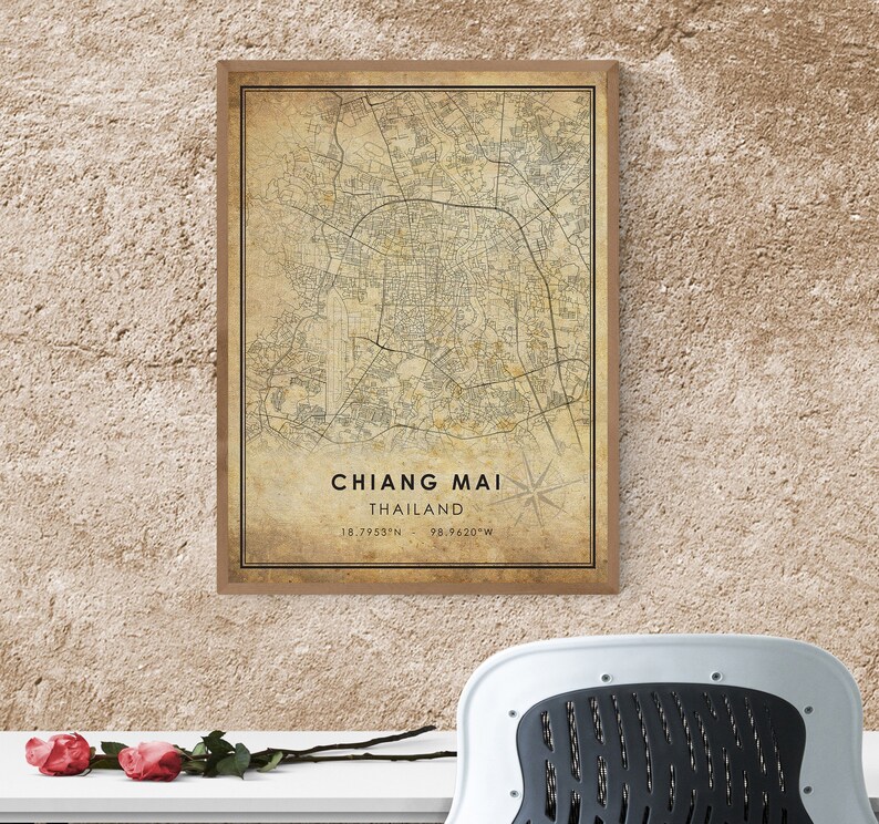 Chiang Mai Vintage Map Print Thailand Map Art Vintage Gift Chiang Mai City Road Map Poster Chiang Mai Map