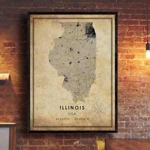 Impression de carte vintage de l’Illinois | Carte de l'Illinois | Art de la carte d’État | Affiche de la carte routière de la ville de l’Illinois | carte cadeau vintage