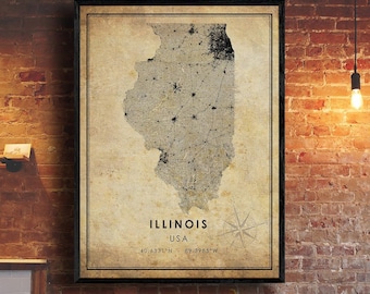 Puede incluir: Un mapa de estilo vintage de Illinois, EE. UU., con un diseño en blanco y negro. El mapa muestra el contorno del estado y las principales ciudades. Las coordenadas 40.6331°N 89.3985°W están impresas debajo del nombre del estado.