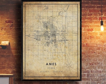 Ames Vintage Map Print | Ames Map | Iowa Map Art | Ames City Road Map Poster | Vintage Gift Map