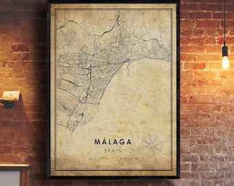 Malaga Vintage Map Print | Malaga Map | Spain Map Art | Malaga City Road Map Poster | Vintage Gift Map
