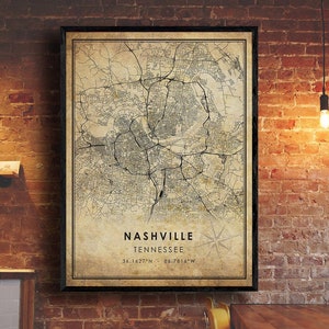 Carte vintage de Nashville | Nashville : carte | Carte du Tennessee | de carte routière de la ville de Nashville | Carte cadeau vintage