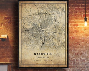 May include: A vintage style map print of Nashville, Tennessee. The map is in black and white with a beige background. The text "Nashville, Tennessee" and the coordinates "36.1627°N 86.7816°W" are printed at the bottom of the map.