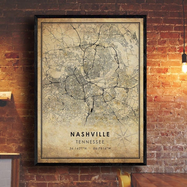 Nashville Vintage Map Print | Nashville Map | Tennessee Map Art | Nashville City Road Map Poster | Vintage Gift Map
