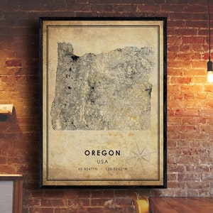 Impression de carte vintage de l’Oregon | Carte de l’Oregon | Art de la carte de l’État des États-Unis | Affiche de la carte routière de la ville de l’Oregon | carte cadeau vintage