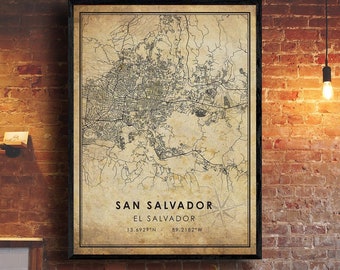 San Salvador Vintage Map Print | El Salvador Map | San Salvador Map Art | San Salvador City Road Map Poster | Vintage Gift Map