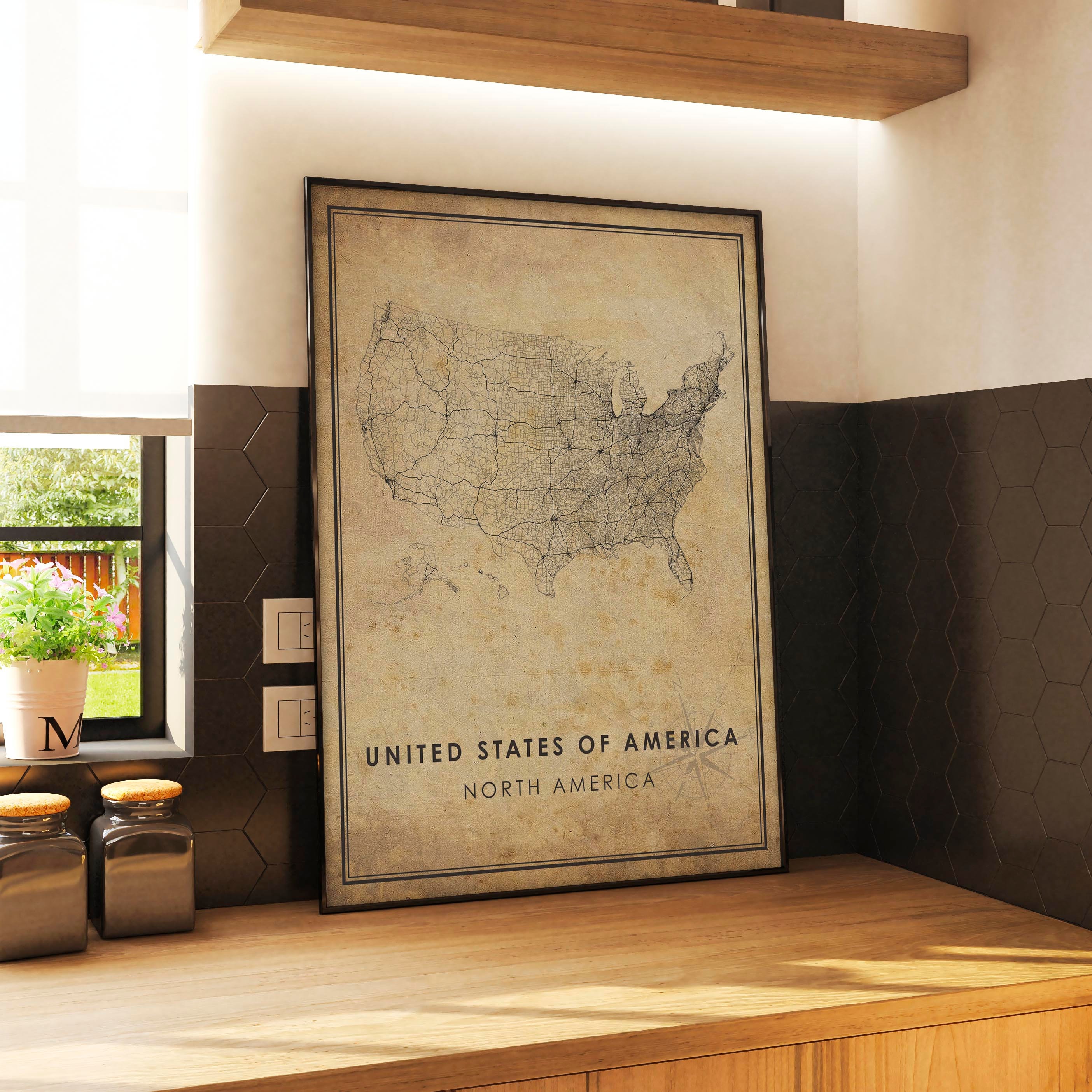 USA Vintage Map Print | USA Map | USA Map Art | United States City Road ...