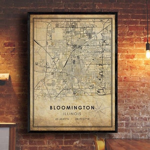 Impression de carte de Bloomington | Carte de Bloomington | Art de la carte de l’Illinois | Affiche de la carte routière de la ville de Bloomington | carte cadeau vintage