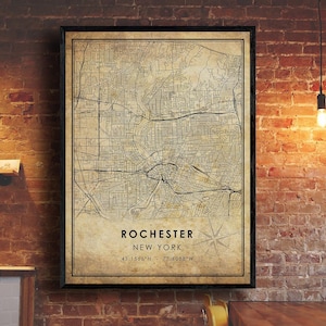 Impression de carte vintage de Rochester | Carte de Rochester | Art de la carte de New York | Affiche de la carte routière de la ville de Rochester | carte cadeau vintage