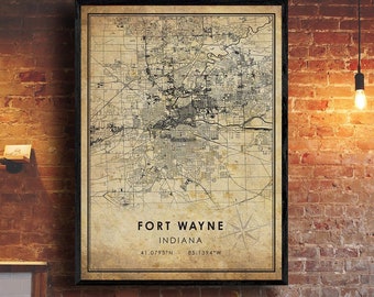 Fort Wayne Vintage Map Print | Fort Wayne Map | Indiana Map Art | Fort Wayne City Road Map Poster | Vintage Map