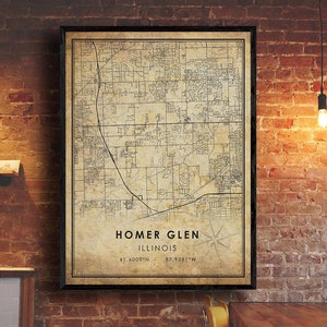 Homer Glen vintage Carte Imprimer | Carte Homer Glen | Art de la carte de l’Illinois | Affiche de la carte routière de la ville de Homer Glen | carte cadeau vintage
