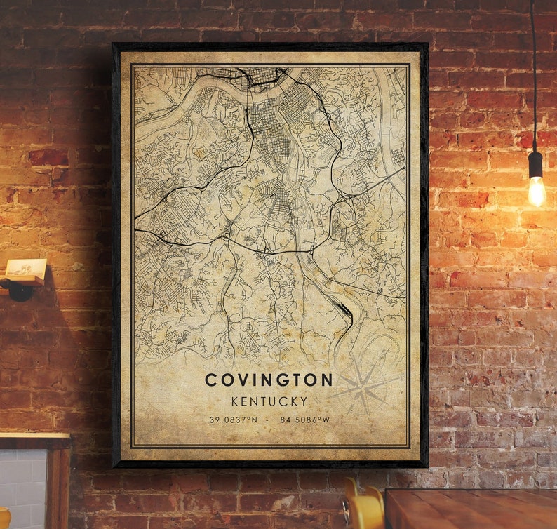 Covington Kentucky Map Covington Vintage Map Print Covington City Road Map Poster Canvas