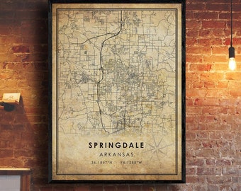 Springfield Vintage Map Print | Springdale Arkansas Map Art | Springfield City Road Map Poster | Vintage Gift Map