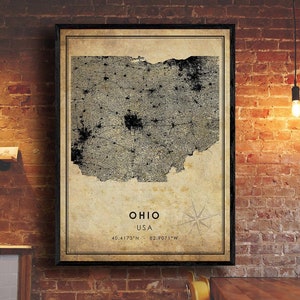 Impression de carte vintage de l’Ohio | Carte de l'Ohio | Carte de l’état de l’Ohio | Affiche de la carte routière de la ville de l’Ohio | carte cadeau vintage