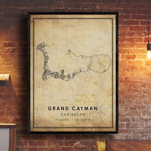 Impression de carte de Grand Cayman | Carte de Grand Caïman | Art de la carte des Caraïbes | Affiche de la carte routière de la ville de Grand Cayman | carte cadeau vintage