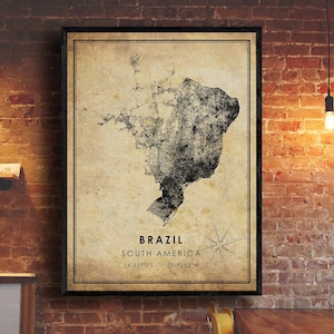 Impresión de mapa Vintage de Brasil, mapa de América del Sur, cartel de mapa de carreteras de la ciudad de Brasil, lienzo