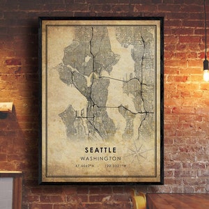 Impression de carte vintage de Seattle | Carte de Seattle | Art de la carte de Washington | Affiche de la carte routière de la ville de Seattle | carte cadeau vintage