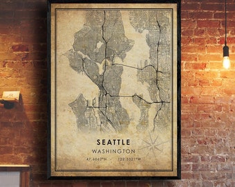 Seattle Vintage Map Print | Seattle Map | Washington Map Art | Seattle City Road Map Poster | Vintage Gift Map