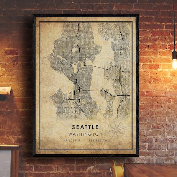 Seattle Vintage Map Print | Seattle Map | Washington Map Art | Seattle City Road Map Poster | Vintage Gift Map