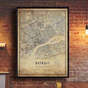 Impression de carte vintage de Détroit | Carte de Détroit | Art de la carte du Michigan | Affiche de la carte routière de la ville de Détroit | carte cadeau vintage