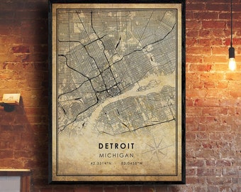 Detroit Vintage Map Print | Detroit Map | Michigan Map Art | Detroit City Road Map Poster | Vintage Gift Map