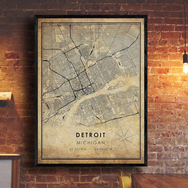 Detroit Vintage Map Print | Detroit Map | Michigan Map Art | Detroit City Road Map Poster | Vintage Gift Map