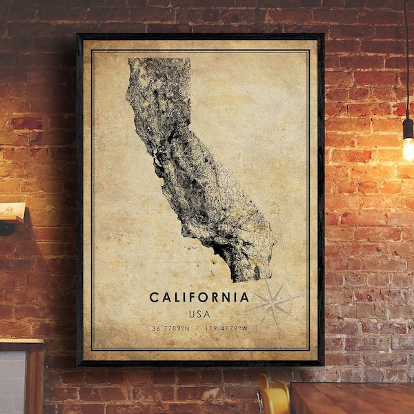 California Vintage Map Print | California Map | State Map Art | California City Road Map Poster | Vintage Gift Map