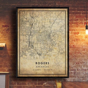 Rogers Vintage Map Print | Arkansas Map Art | Rogers City Road Map Poster | Vintage Gift Map