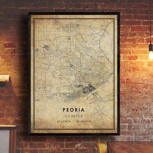 Peoria vintage Carte Imprimer | Carte de Peoria | Art de la carte de l’Illinois | Affiche de la carte routière de la ville de Peoria | carte cadeau vintage