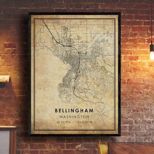 Impression de carte vintage de Bellingham | Carte de Washington | Art de carte de Bellingham Washington | Affiche de la carte routière de la ville de Bellingham | carte cadeau vintage