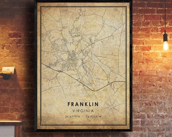 Impression de carte vintage Franklin | Carte de Franklin | Virginie Carte Art | Affiche de la carte routière de la ville de Franklin | carte cadeau vintage