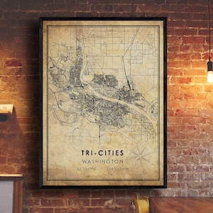 Tri-Cities Vintage Map Print | Tri-Cities Map | Washington Map Art | Tri-Cities City Road Map Poster | Vintage