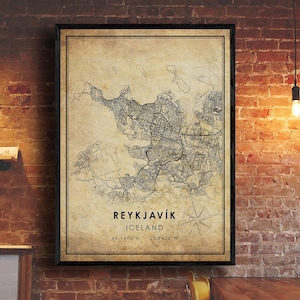 Reykjavík vintage Carte Imprimer | Carte de Reykjavik | Islande Carte Art | Affiche de la carte routière de la ville de Reykjavík | carte cadeau vintage