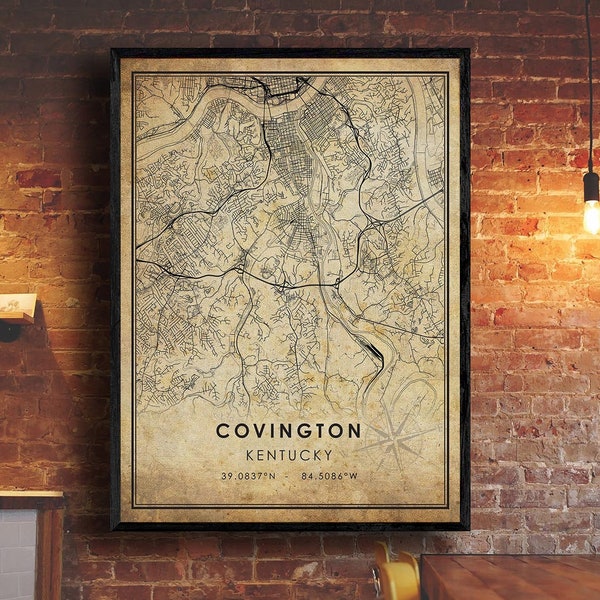 Covington Vintage Map Print | Covington Kentucky Map | Covington City Road Map Poster Canvas