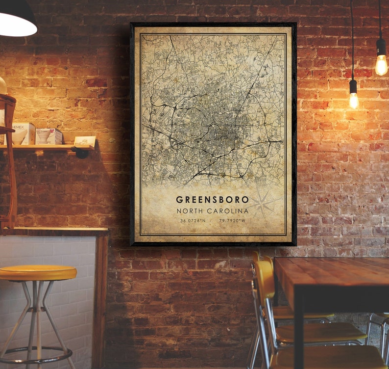Greensboro North Carolina Map Greensboro City Road Map Poster Canvas Greensboro Vintage Map Print