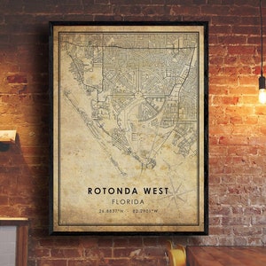 Rotonda West vintage Carte Imprimer | Rotonda Ouest, carte | Art de la carte de Floride | Affiche de carte routière de la ville de Rotonda West | carte cadeau vintage