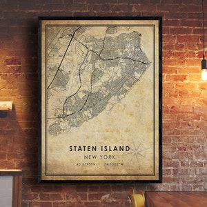 Impression de carte de Staten Island | Carte de Staten Island | Art de la carte de New York | Affiche de la carte routière de la ville de Staten Island | carte cadeau vintage